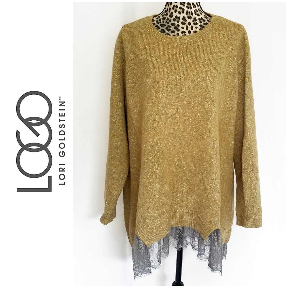 Lori Goldstein Sweater w/Lace Ruffled Edge